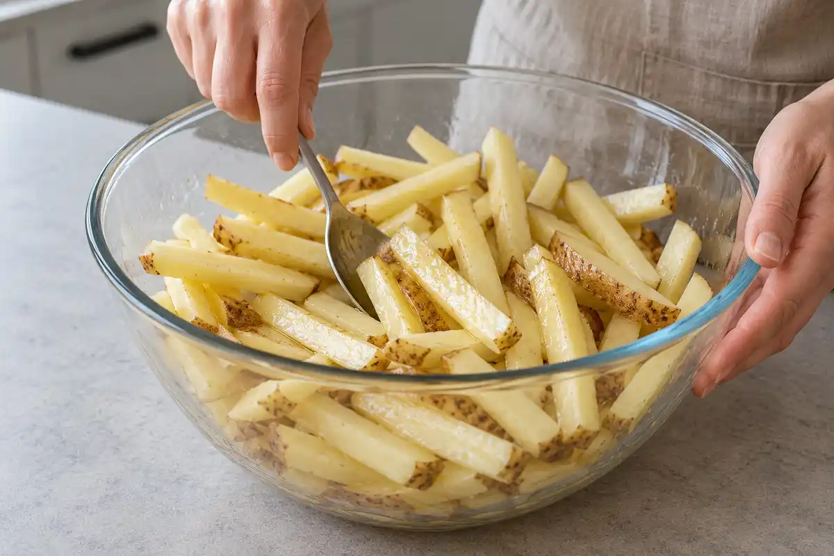 Des bâtonnets crus et séchés sont mélangés avec un peu d’huile avant leur mise en cuisson.