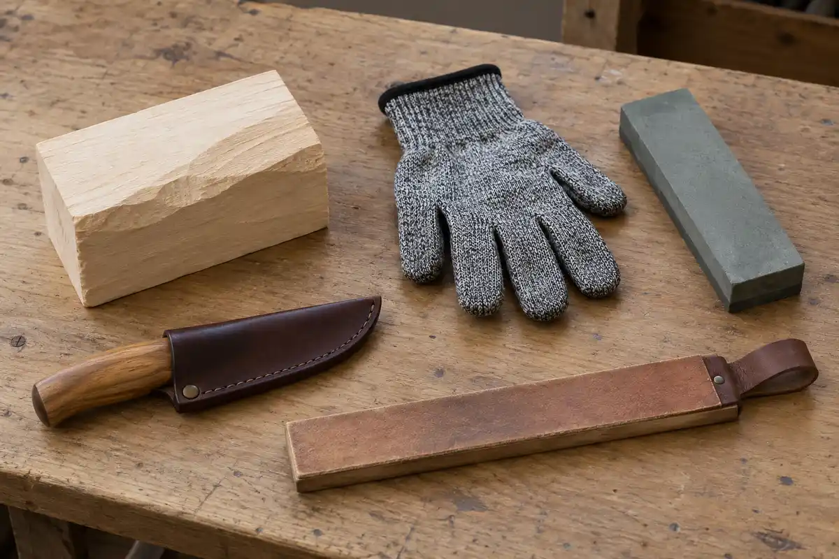 Le parcours au couteau s’appuie sur un bloc de bois, un couteau protégé, un gant, une pierre à affûter et du cuir.
