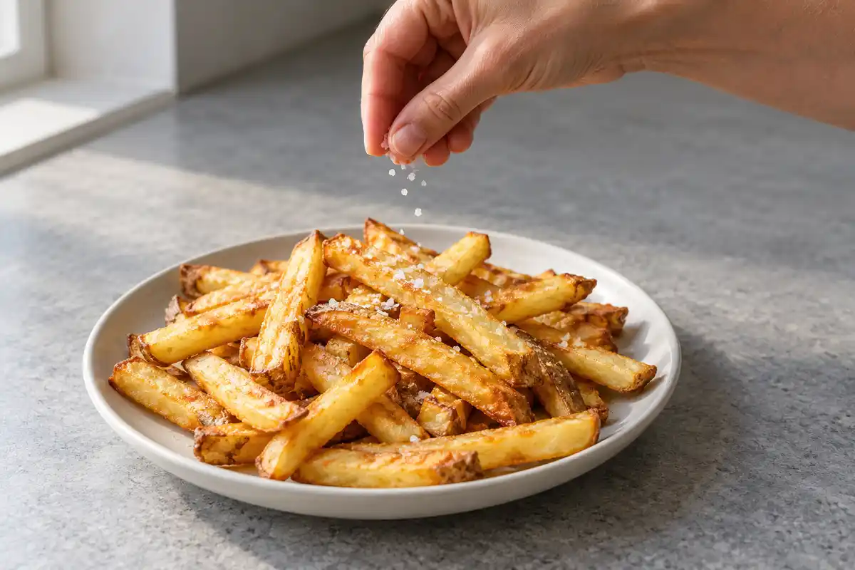 Une pincée de sel est ajoutée aux frites dorées après leur cuisson, juste avant le service.