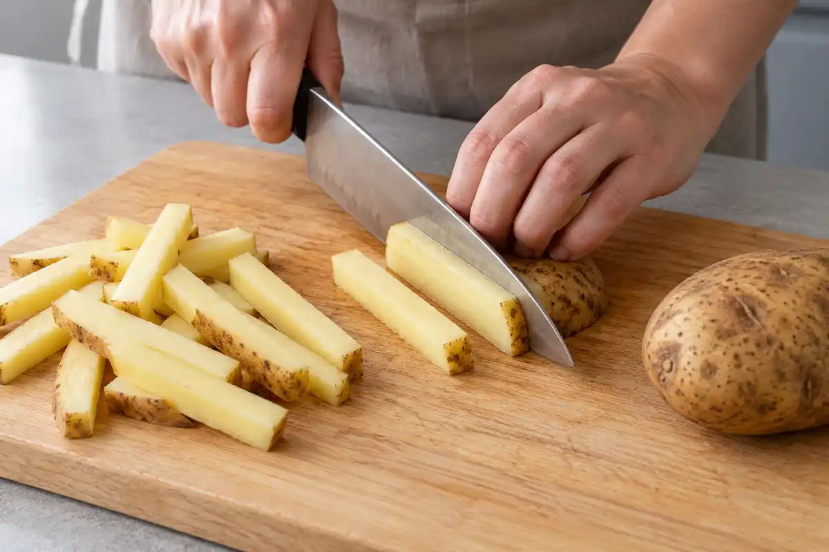 Bâtonnets de pomme de terre crus, coupés en formes régulières d’environ 1 cm pour une cuisson plus homogène.