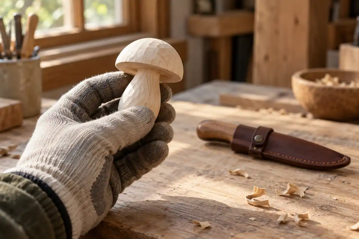 Tourner le champignon en cours de taille permet d’examiner ses proportions et sa symétrie avant le ponçage.