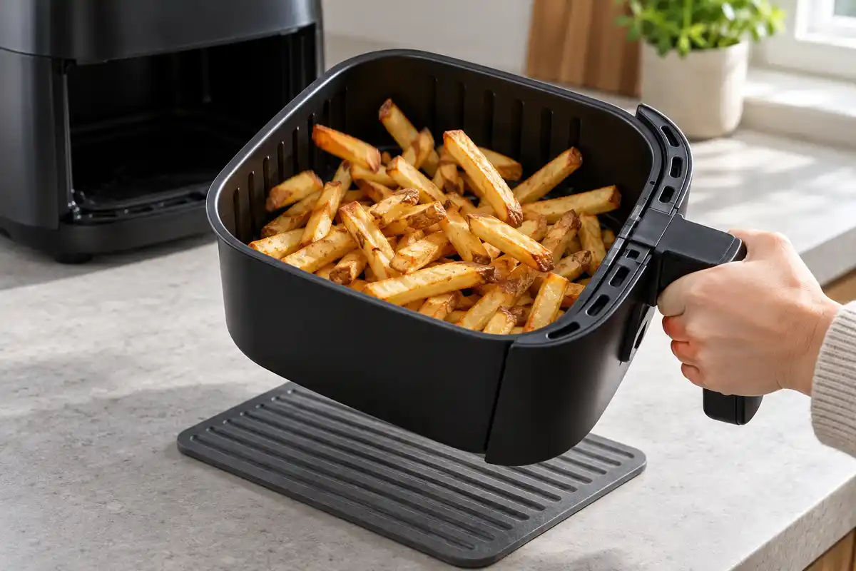 À mi-cuisson, le panier est secoué par sa poignée pour brasser les frites partiellement dorées.