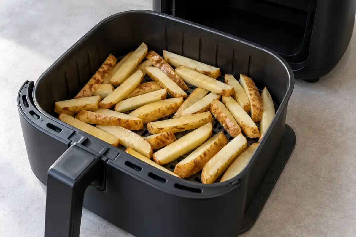 Les bâtonnets légèrement huilés sont disposés en une seule couche dans le panier pour commencer la cuisson.
