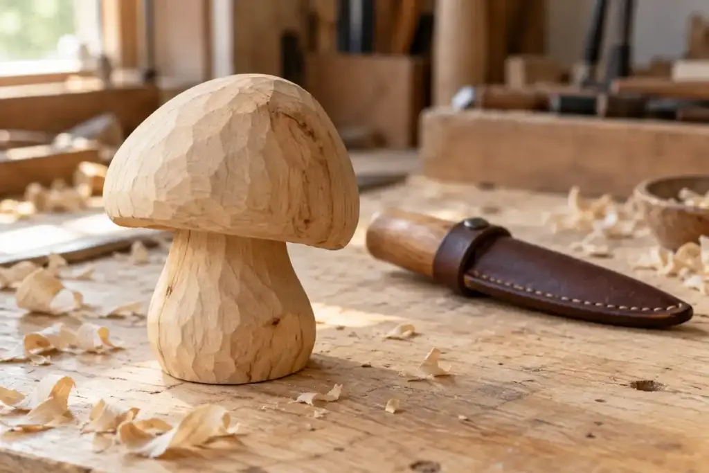 Un champignon taillé au couteau introduit un premier projet de sculpture sur bois, sans laisser entendre qu’il garantit un résultat.