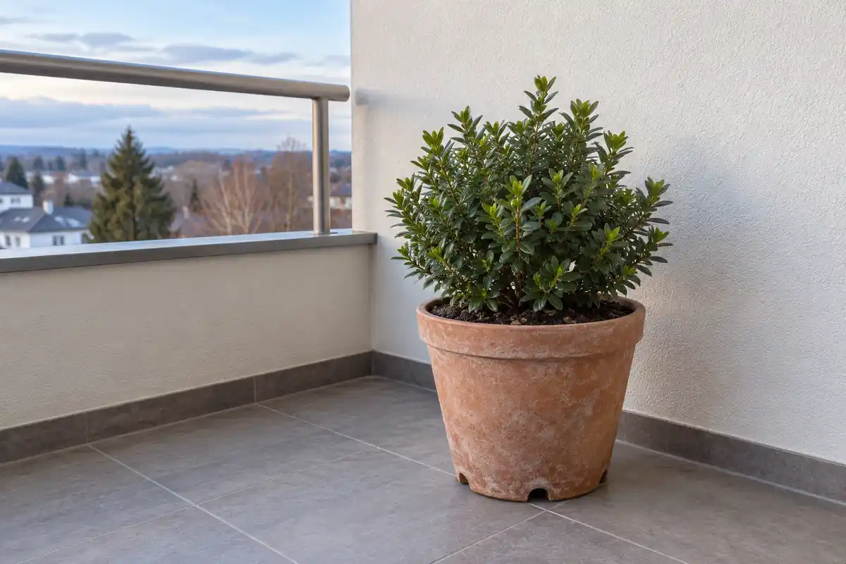 Un Hébé cultivé en pot sur un balcon demande d’anticiper le froid et de choisir un emplacement abrité selon le cultivar et le climat.