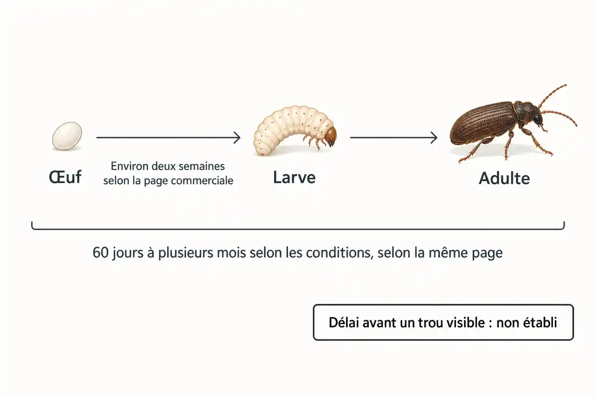 Les durées rapportées concernent l’éclosion et le cycle de l’insecte ; le délai avant l’apparition d’un trou reste non établi.