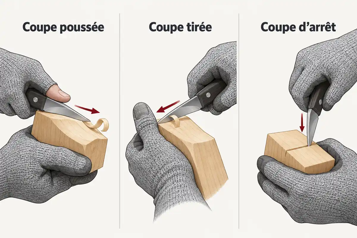 La coupe poussée, la coupe tirée et la coupe d’arrêt se distinguent par leur mouvement et leur rôle pour limiter la trajectoire.
