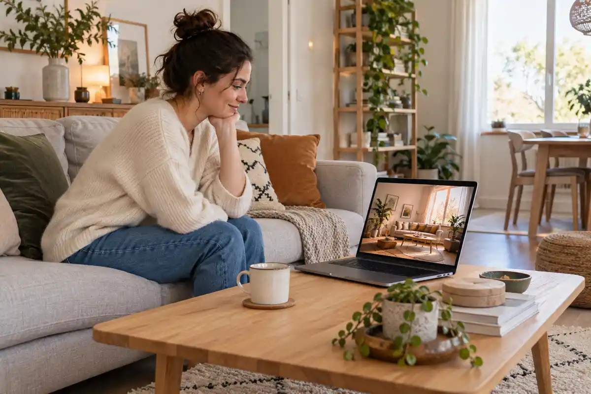 L’IA décoration sert ici à explorer une ambiance d’intérieur ; son rendu ne confirme ni les dimensions ni la faisabilité d’un aménagement.