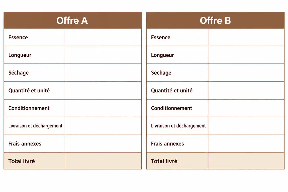 Comparer deux offres à quantité et unité équivalentes en alignant format, livraison, frais annexes et total livré.