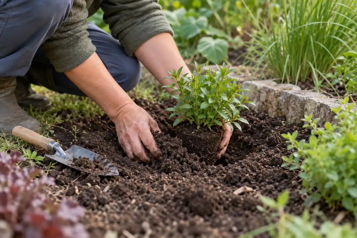 La plantation d’une jeune véronique en pleine terre consiste à maintenir la motte en place et à ramener doucement la terre autour.