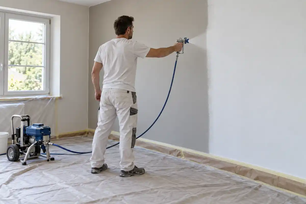 Le pistolet tenu face au mur accompagne une passe de pulvérisation, geste à coordonner avec les passes qui se chevauchent.