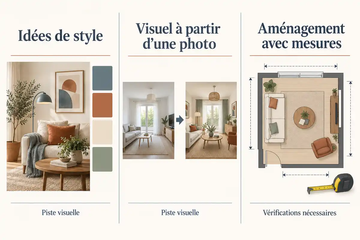 Les idées de style et les visuels sur photo inspirent le projet, tandis qu’un aménagement avec mesures demande des vérifications.