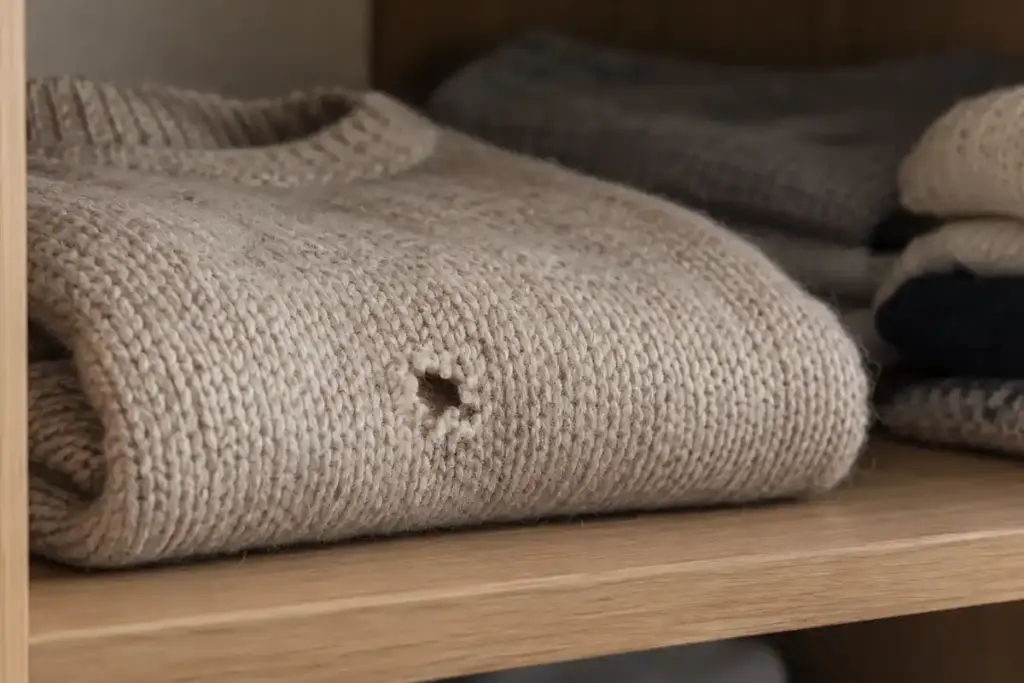 Trou dans un pull en laine : l’article explique pourquoi son apparition ne permet pas de dater les dégâts causés par les larves.