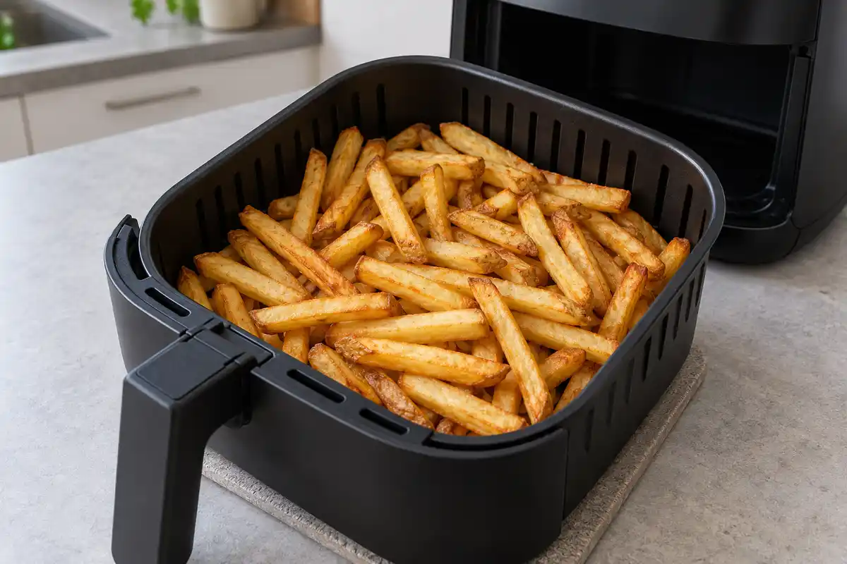 Des frites dorées dans le panier illustrent la coloration à surveiller dès 12 à 15 minutes, sans en faire un repère validé.
