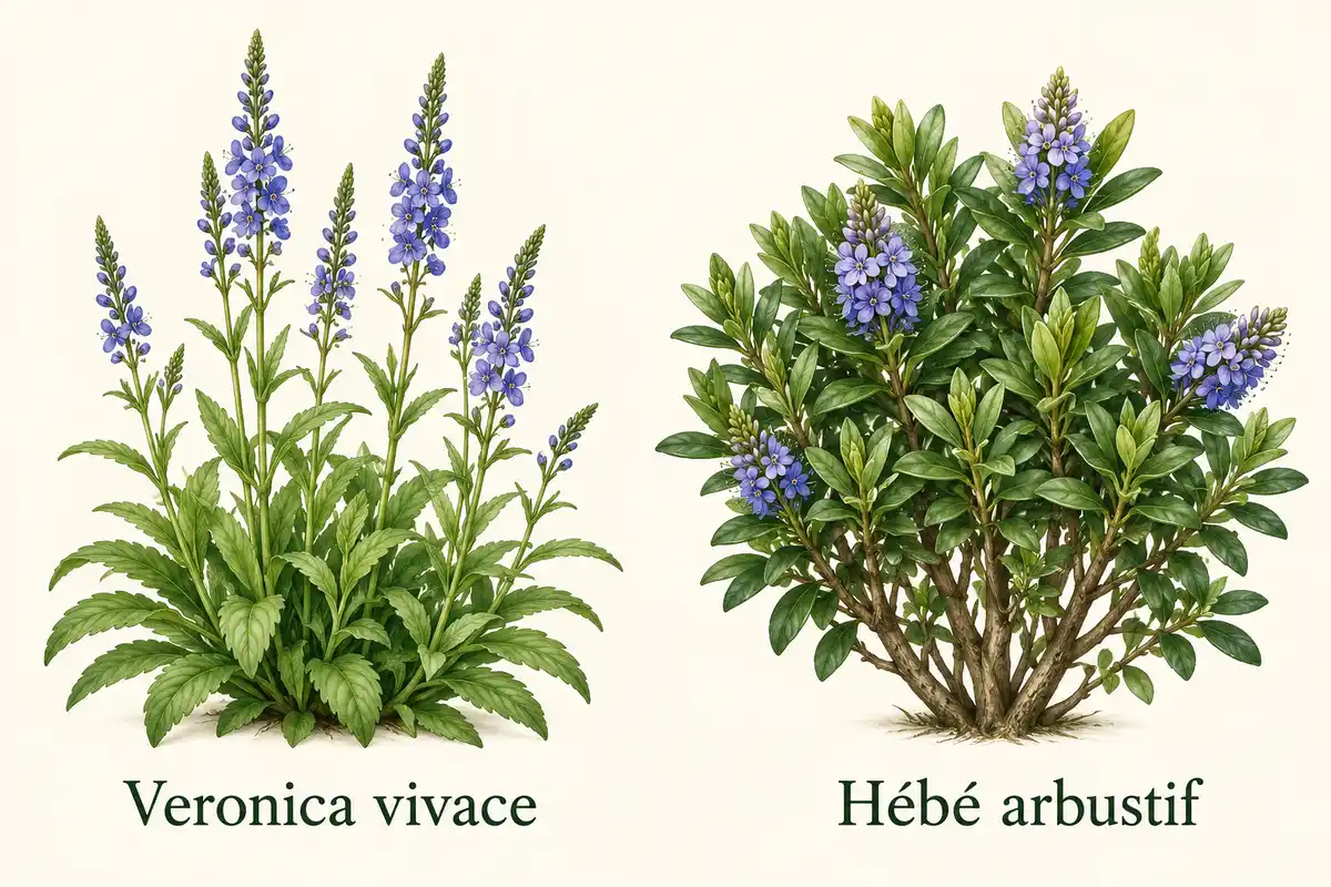 La Veronica vivace pousse en touffe, tandis que l’Hébé forme un arbuste ramifié : leurs ports permettent de distinguer ces groupes.