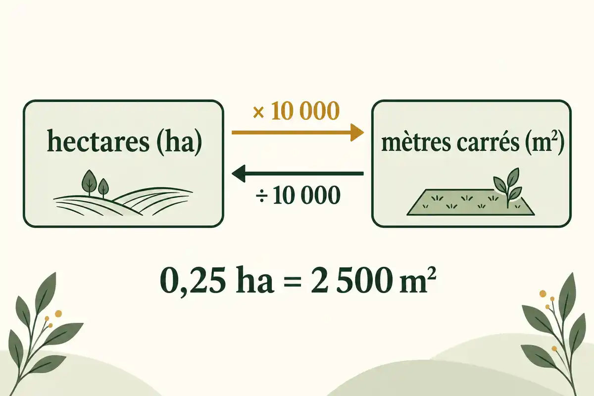 Multiplier par 10 000 convertit les hectares en mètres carrés ; diviser par 10 000 effectue la conversion inverse.