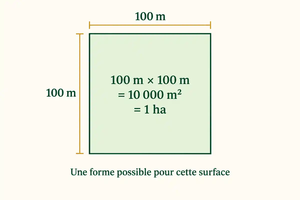 Un carré de 100 m sur 100 m représente 10 000 m², soit un hectare ; cette forme est un repère, pas une règle pour les parcelles.