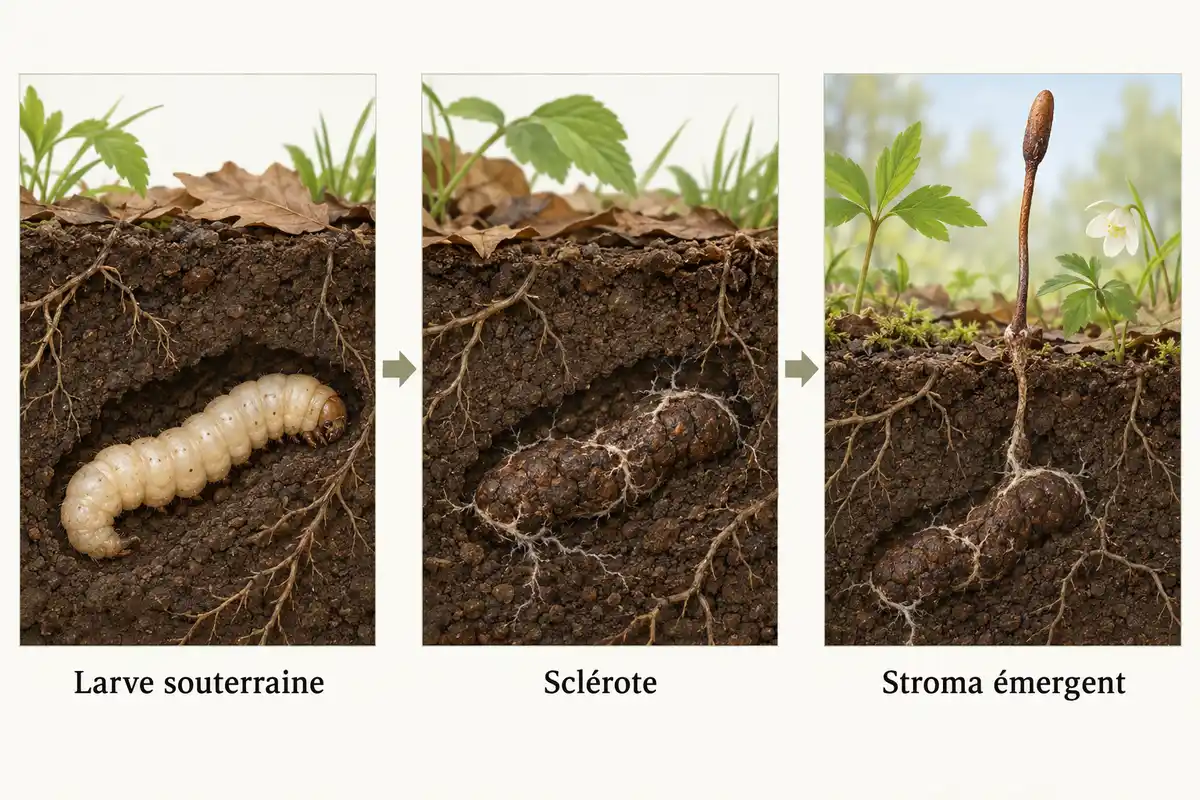 Le cycle relie la larve souterraine infectée à la formation d’un sclérote, puis à l’émergence du stroma au printemps ou au début de l’été.