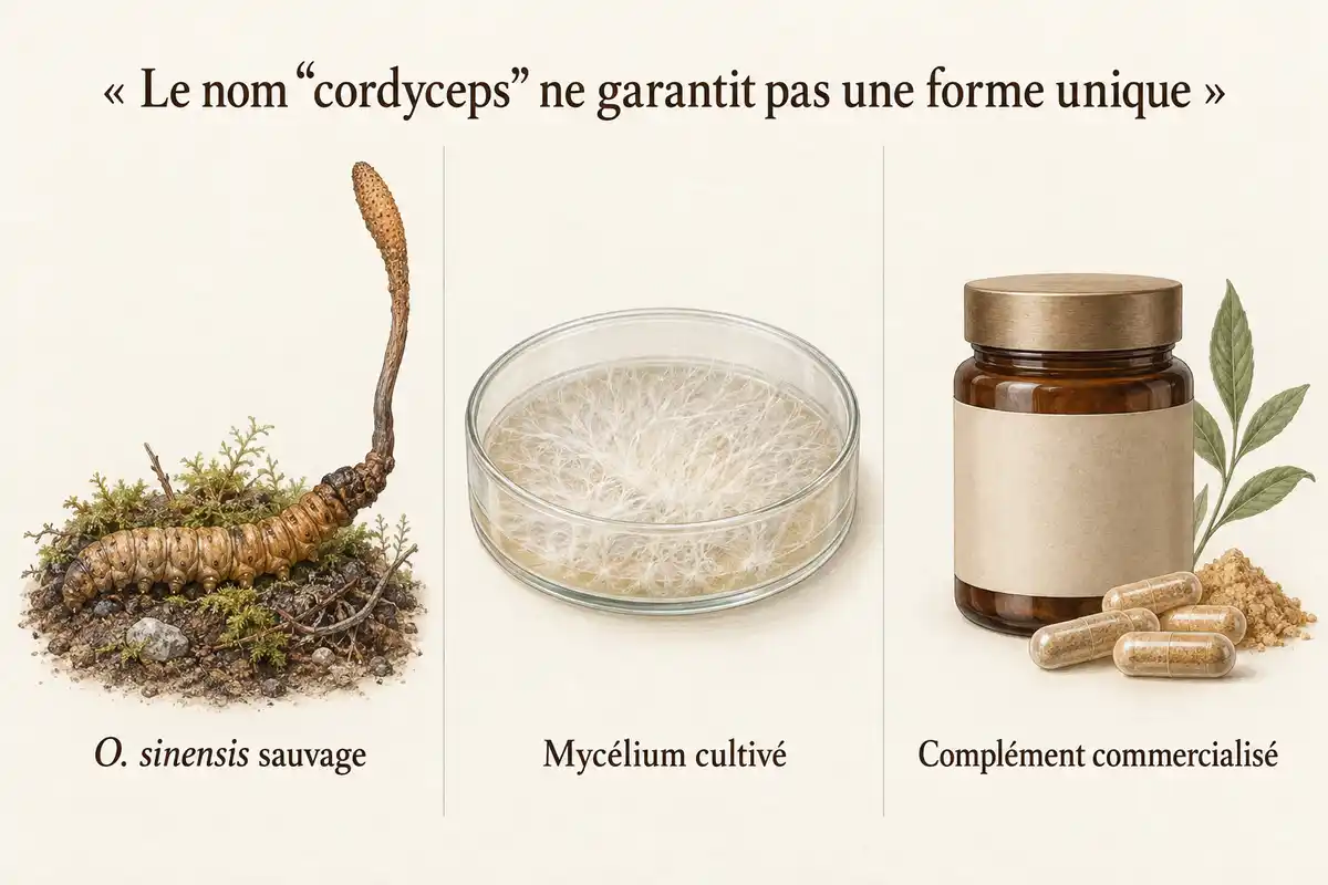 Sous le nom commercial « cordyceps », le champignon sauvage, le mycélium cultivé et les compléments désignent des formes distinctes.