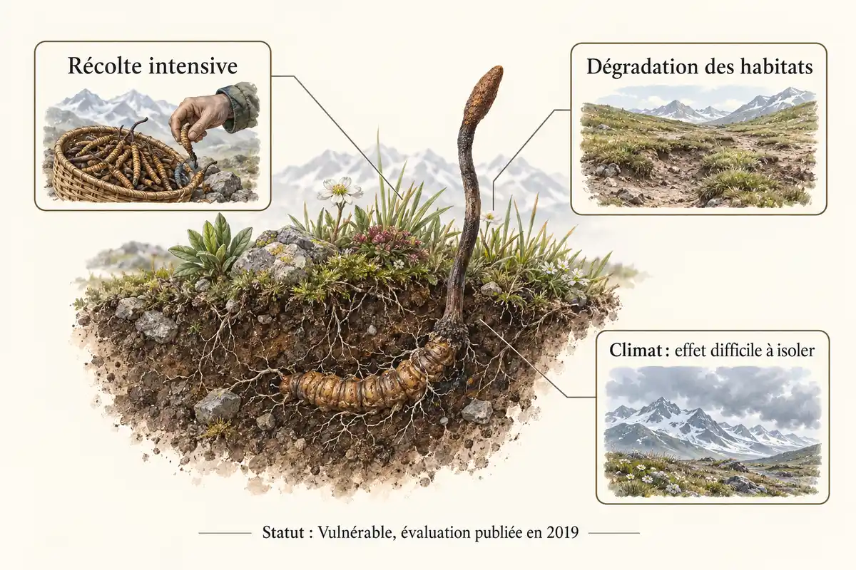 La récolte intensive et la dégradation des habitats figurent parmi les pressions relevées ; l’effet du climat reste difficile à isoler.