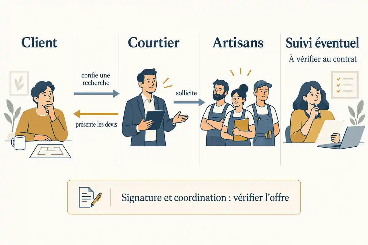 Le courtier peut rechercher des artisans et présenter leurs devis ; signature, coordination et suivi éventuel sont à préciser au contrat.
