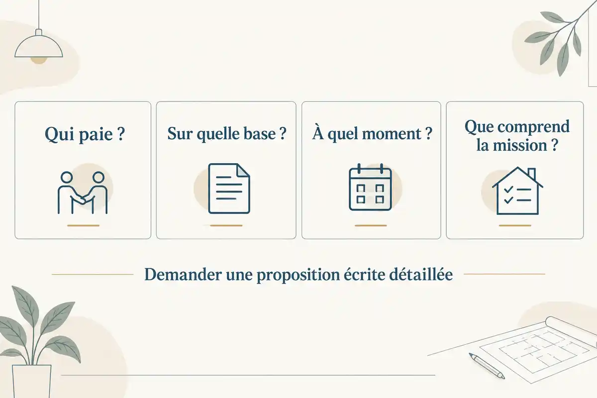 Comparer qui rémunère le courtier, la base et le moment du paiement, ainsi que le contenu de la mission, pour demander un coût complet.