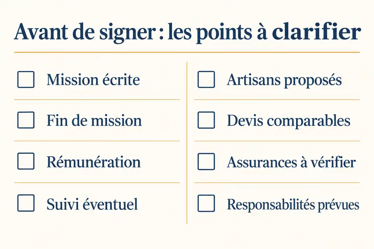 Avant de signer, clarifier par écrit la mission, les artisans proposés, les devis, les assurances, la rémunération et les responsabilités prévues.