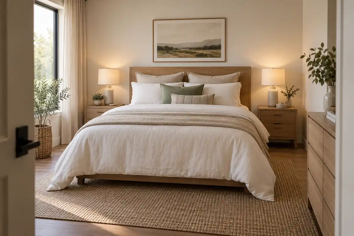 Une chambre adulte chic privilégie les tons blanc cassé et beige, le bois clair et une touche de vert sauge, dans une ambiance accueillante.
