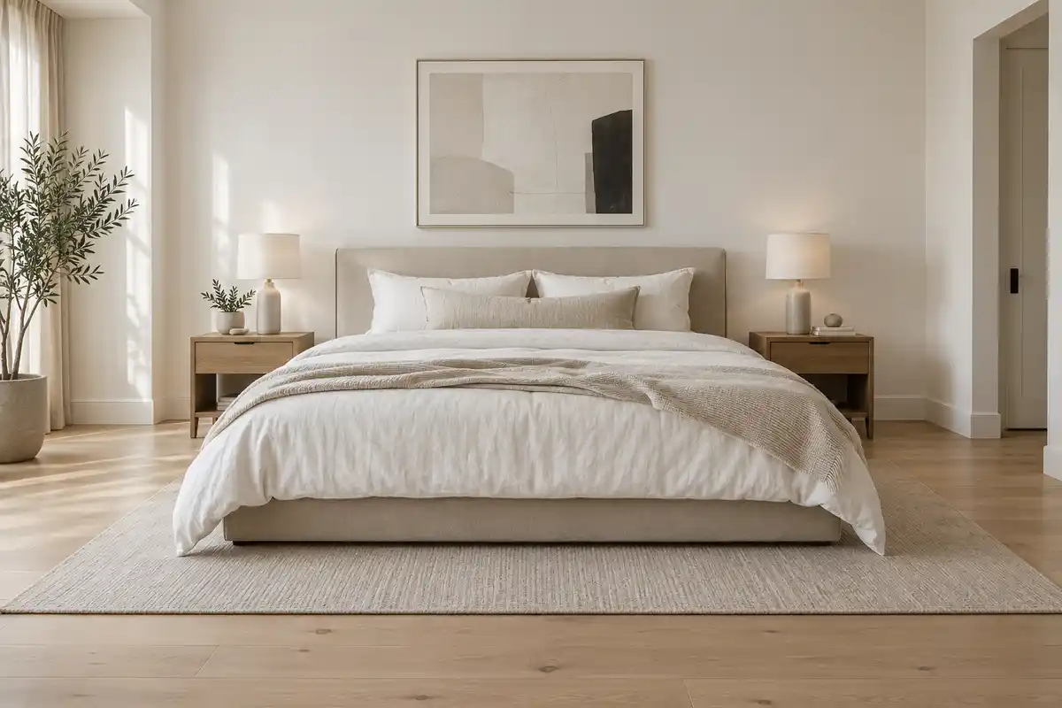 Une base blanc cassé, un lit aux lignes simples et des surfaces dégagées composent une chambre moderne sobre, à adapter à la lumière.