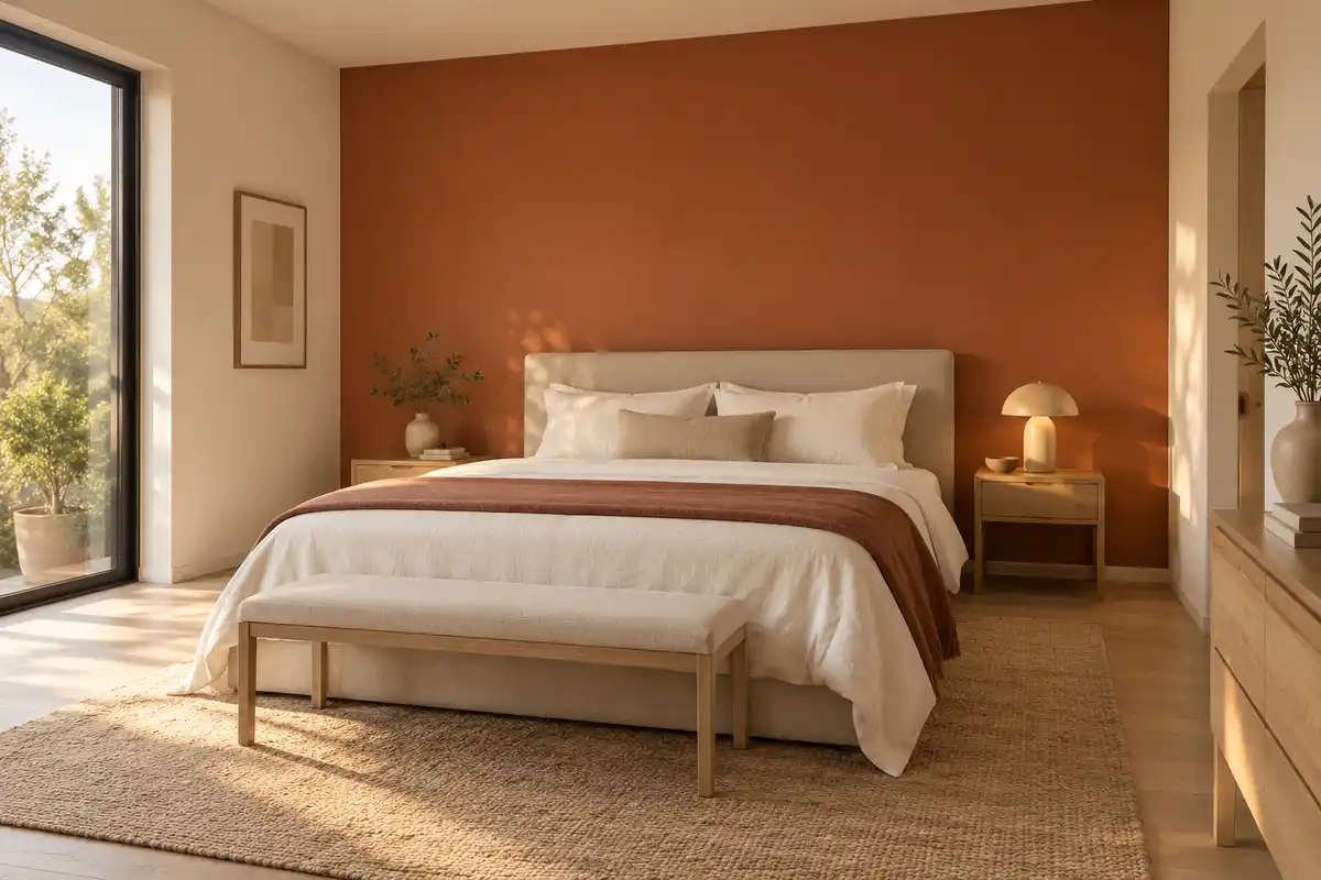 Un mur terracotta réchauffe les tons clairs du linge et du mobilier en bois ; la teinte reste à apprécier selon la lumière de la pièce.