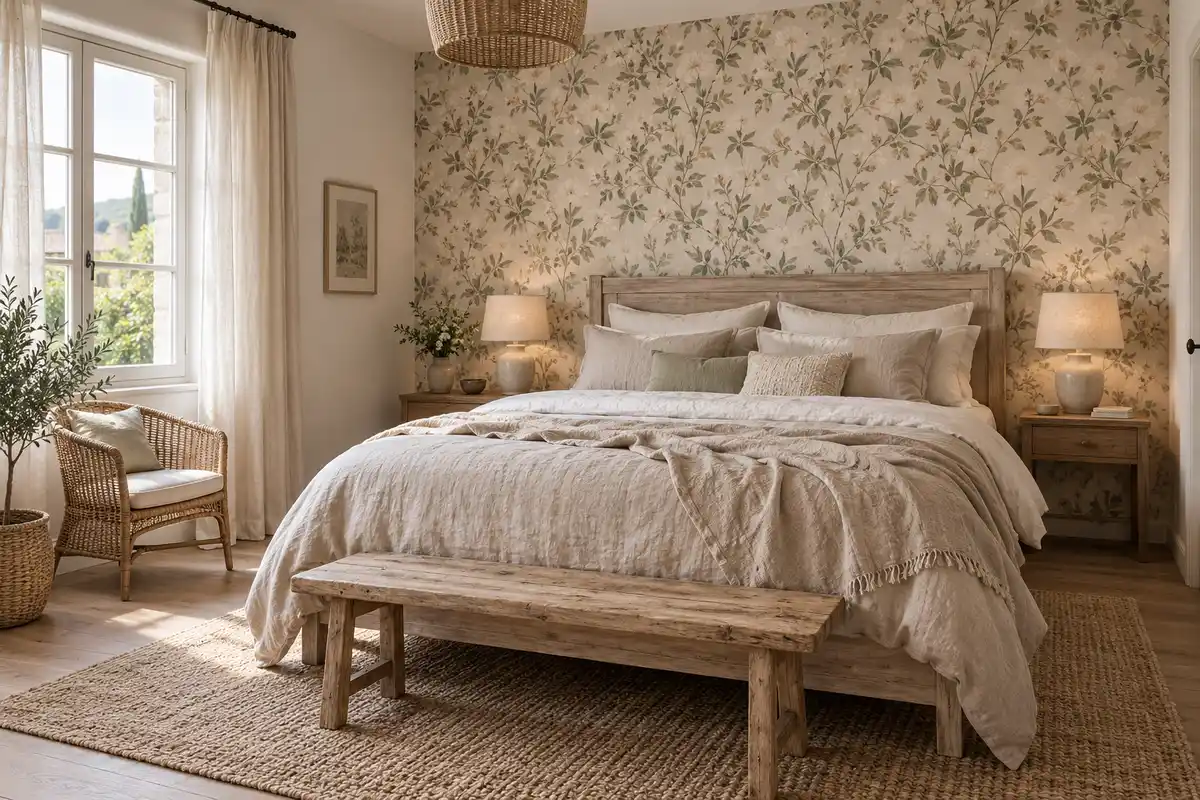 Le bois patiné, le lin, le rotin et un motif floral discret donnent à la chambre des repères campagne chic, mêlés à un meuble contemporain.