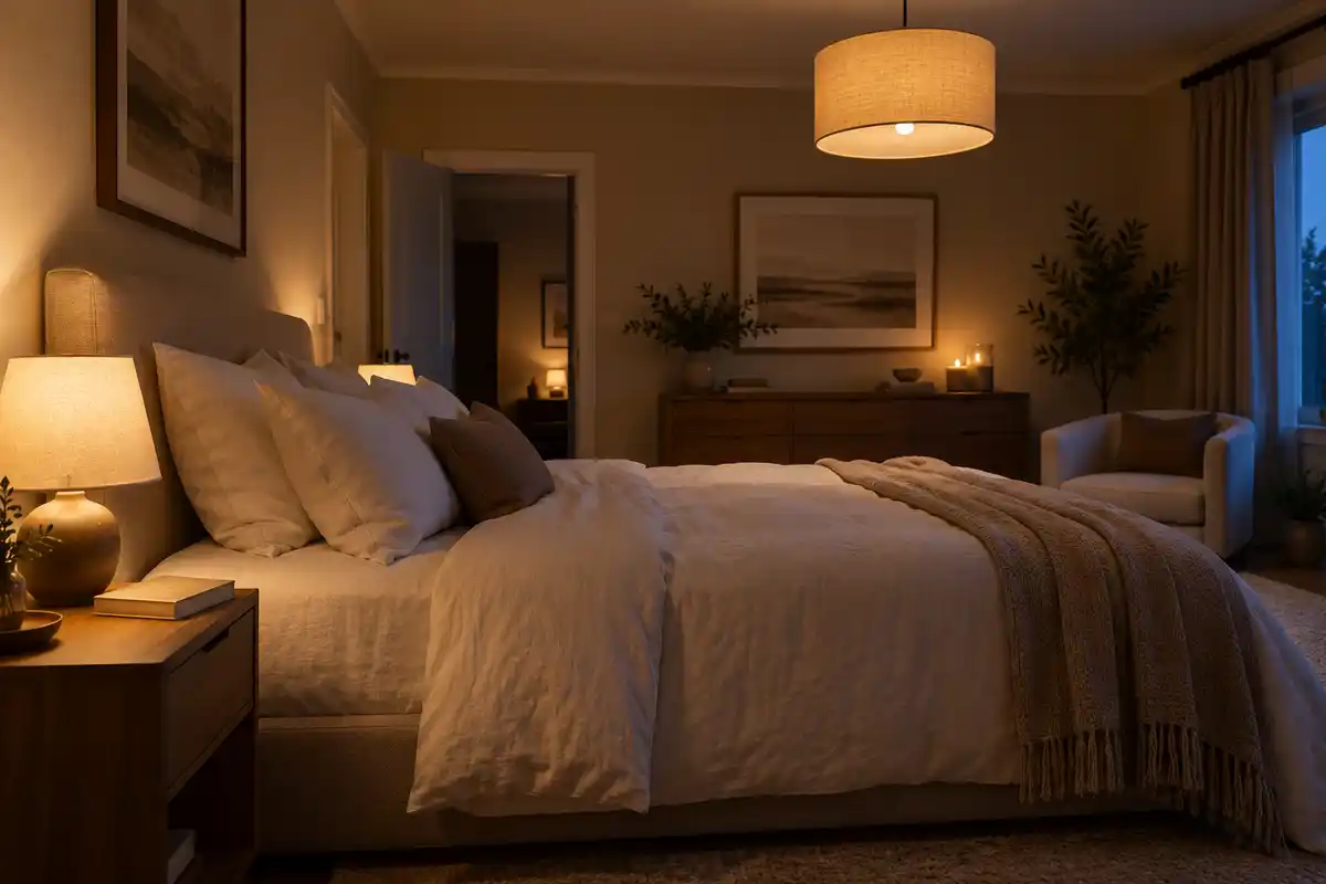 La suspension éclaire la chambre dans son ensemble, tandis que la lampe près du lit apporte une lumière dédiée à la lecture.