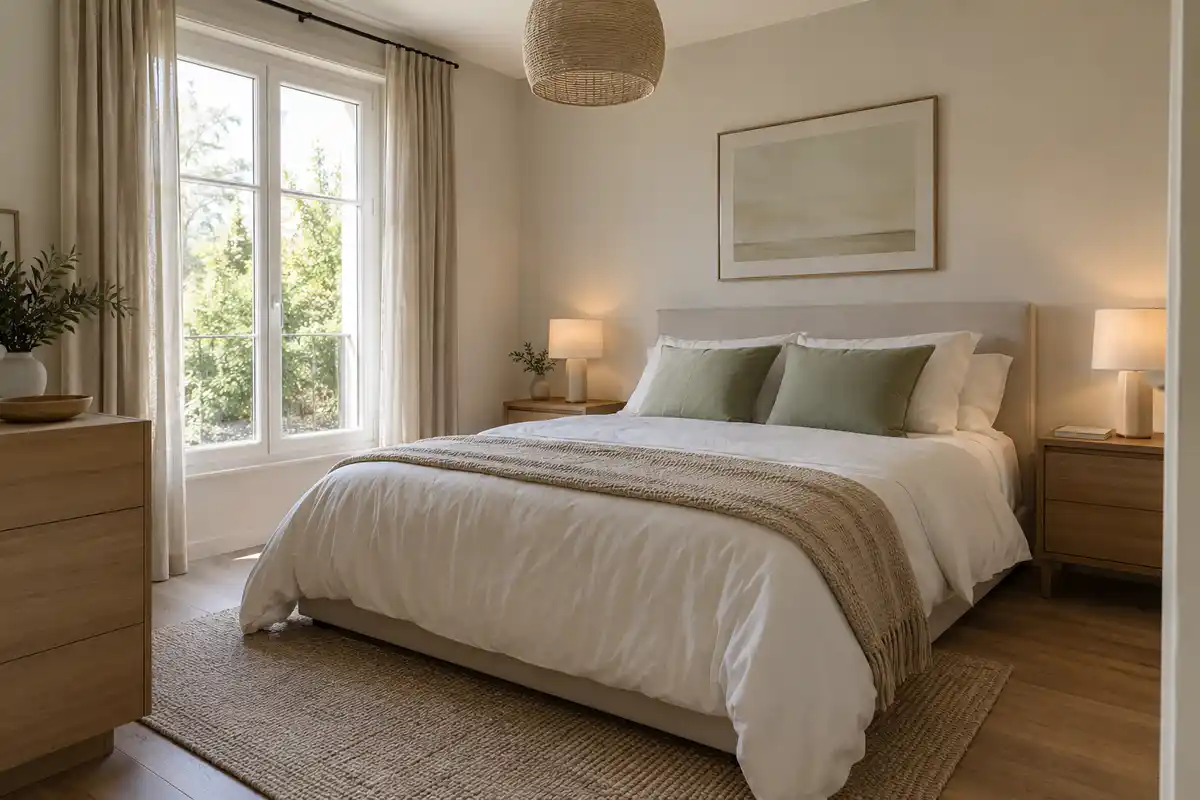 Le linge blanc cassé, les coussins vert sauge, le plaid beige et les rideaux assortis coordonnent les textiles sans changer le mobilier.